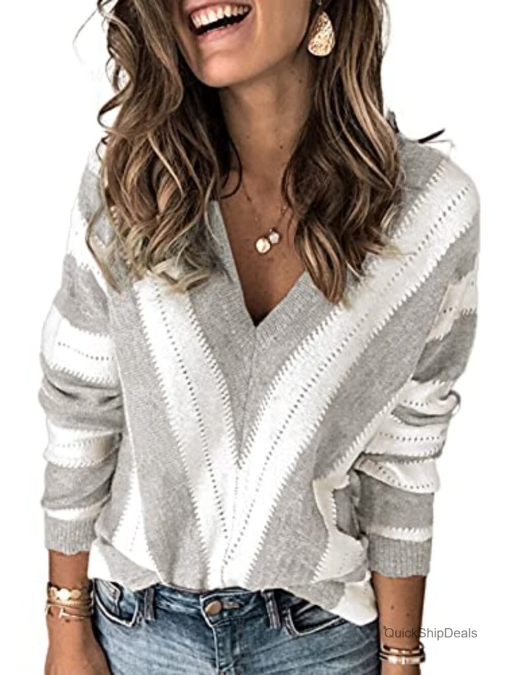 Womens V Neck Striped Sweater Long Sleeve Knit Pullover